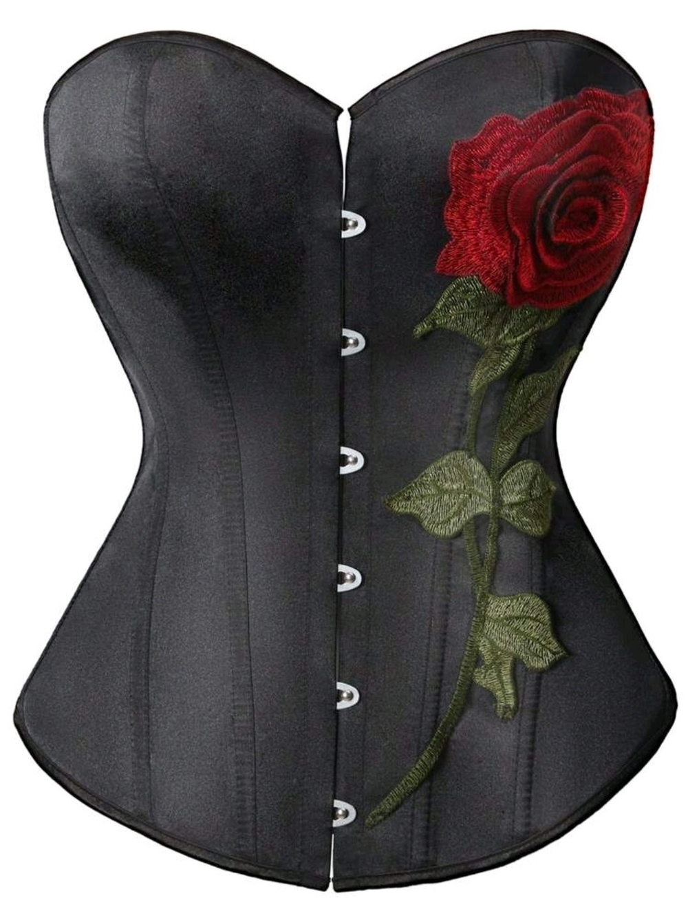 SHEIN Black Strapless Corset with Red Rose Embroidery